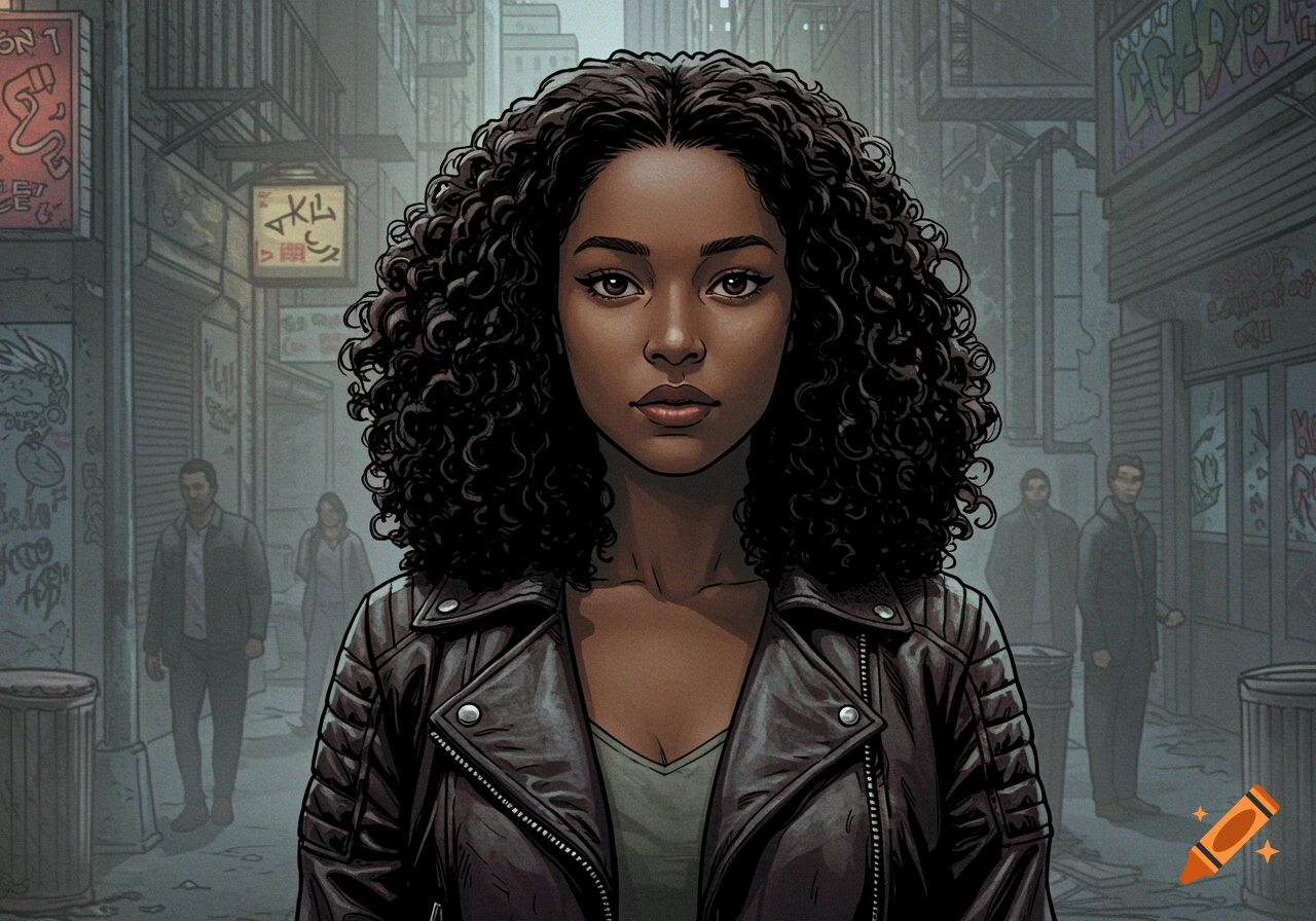 A dark-skinned woman with curly hair and a leather jacket stands in a moody, gritty urban alley in a comic book art style.
