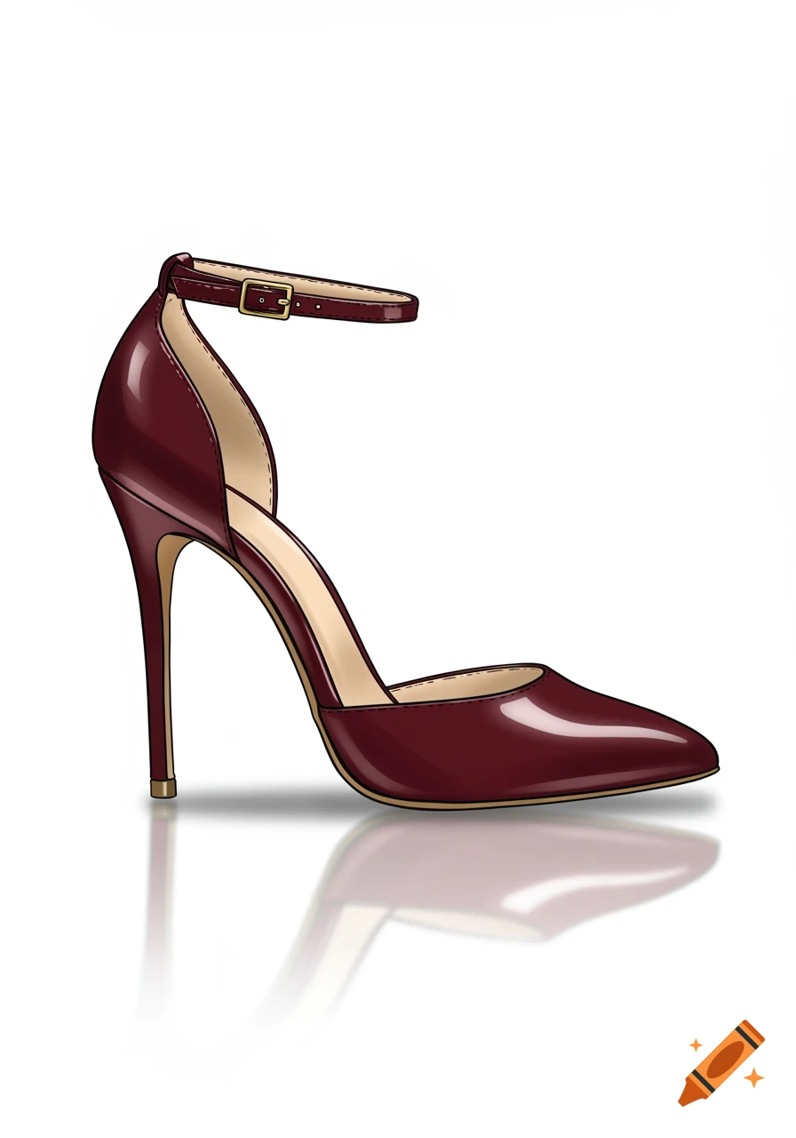 Burgundy pointed-toe high heel shoe with ankle strap and stiletto heel, illustrated on a white background with a reflection.