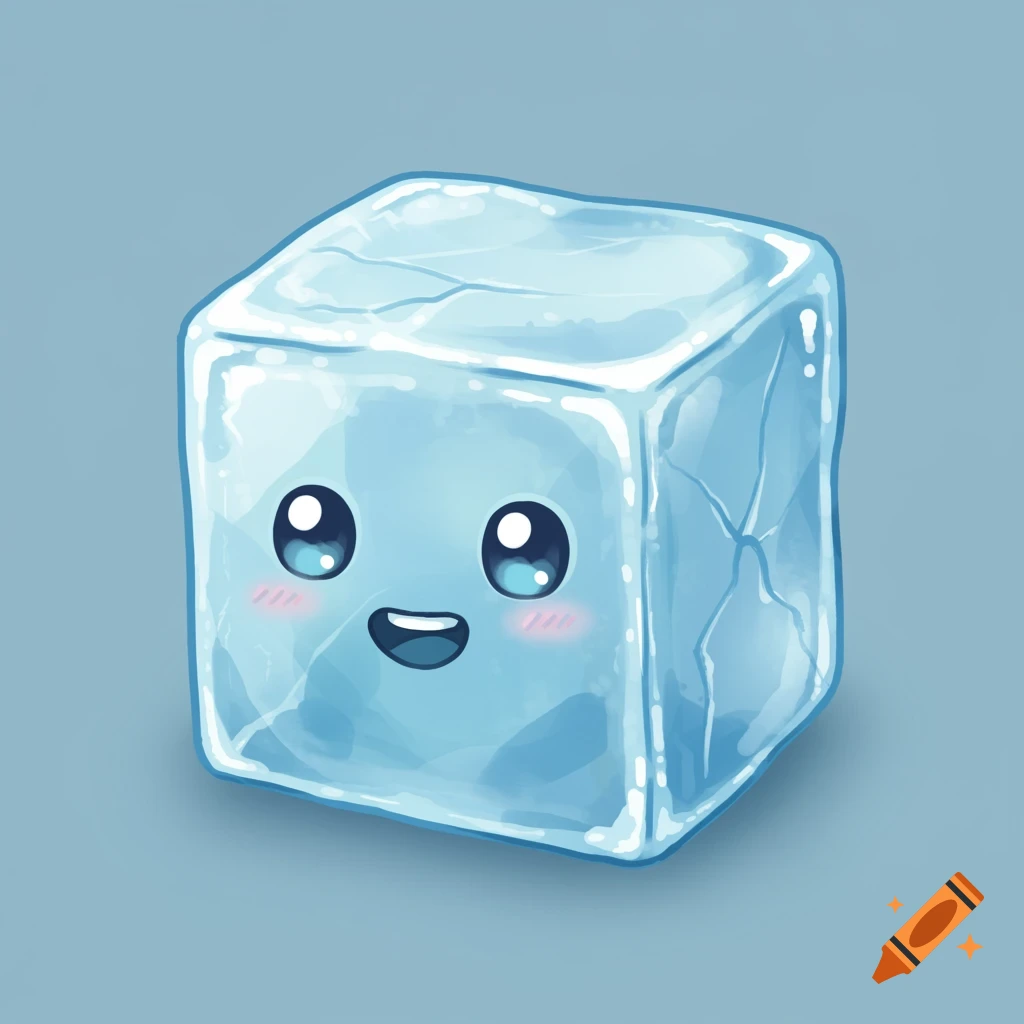 Cute cartoon illustration of a light blue ice cube with a smiling face and rosy cheeks on a solid background.