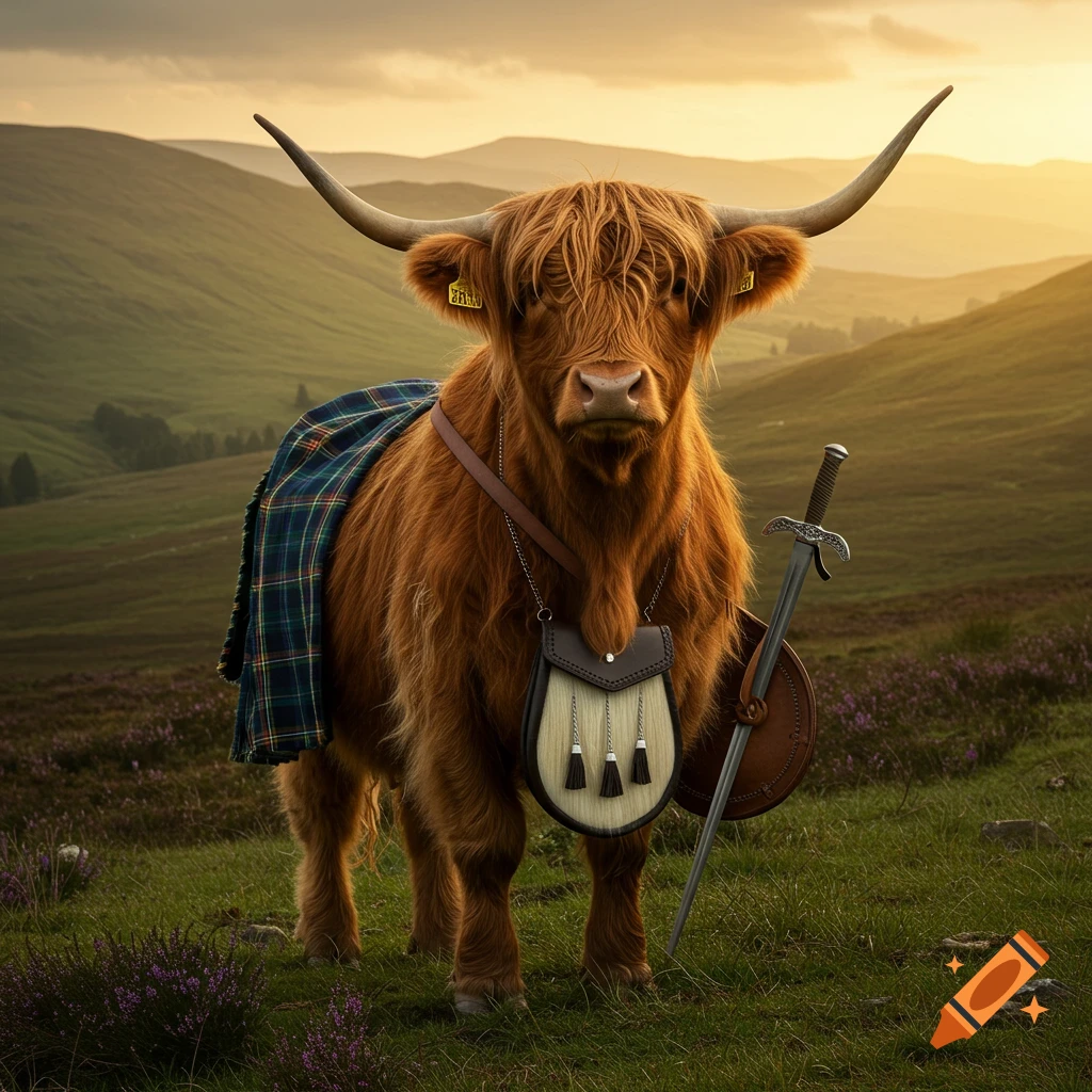 A majestic Highland cow wearing a tartan kilt, sporran, and carrying a sword and shield in a grassy Scottish landscape at sunset.