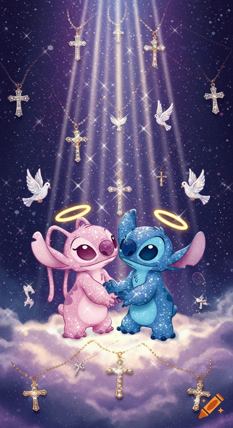 Angel and Stitch characters hold hands on clouds, surrounded by glittery crosses, doves, and light rays in a starry sky.