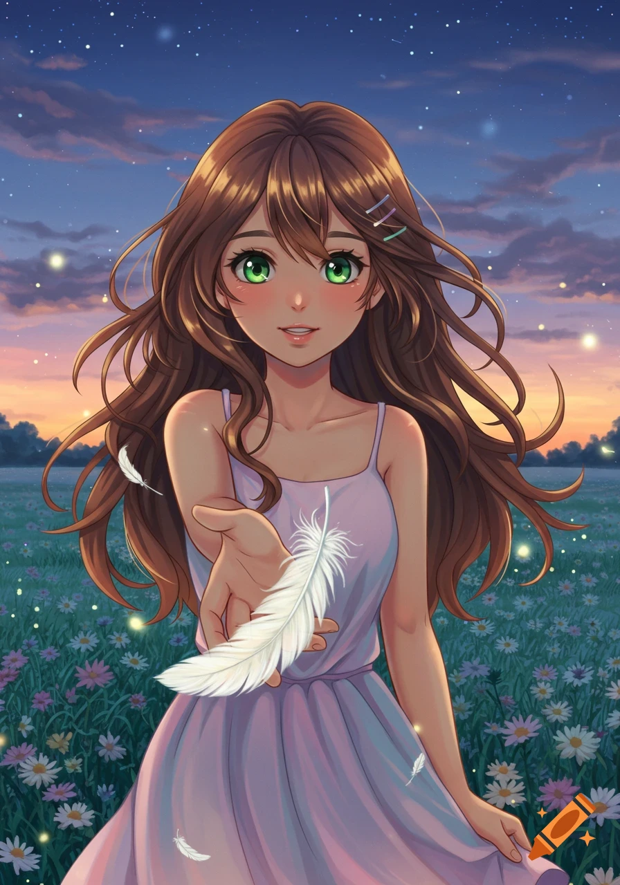 An anime girl with brown hair and green eyes holds a white feather in a field of daisies at dusk under a starry sky.