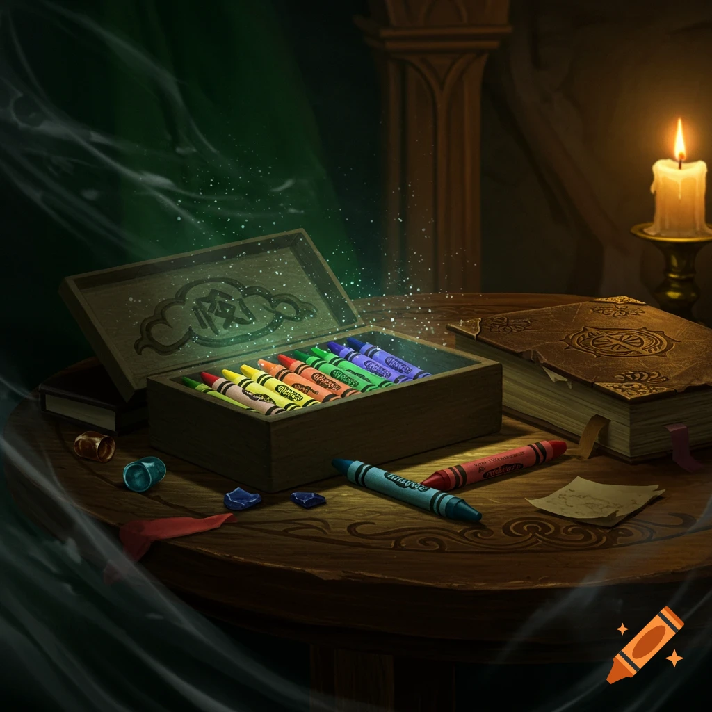 A glowing open wooden box filled with rainbow-colored crayons on a rustic wooden table, with an old book and a lit candle, in a dark, magical room.