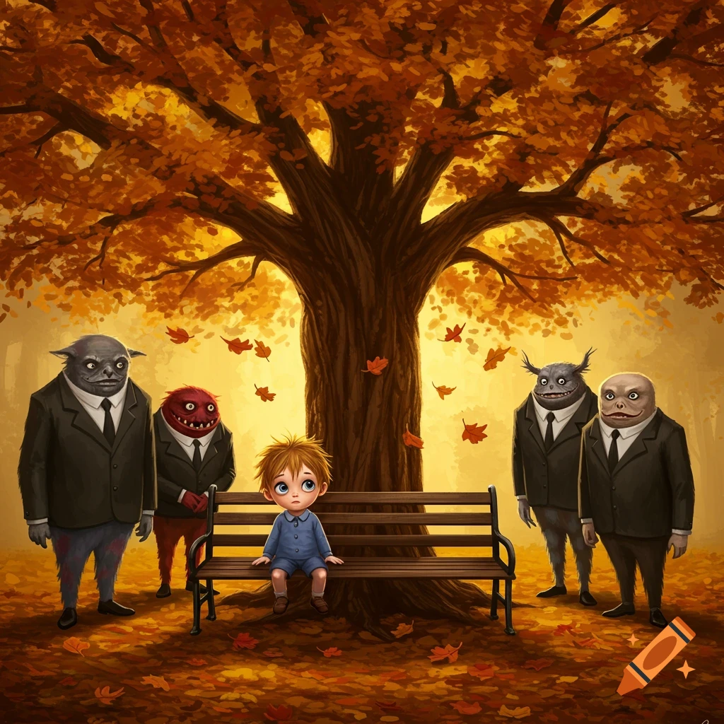 A wide-eyed child sits on a park bench under a large autumn tree, surrounded by four stylized monsters in suits.