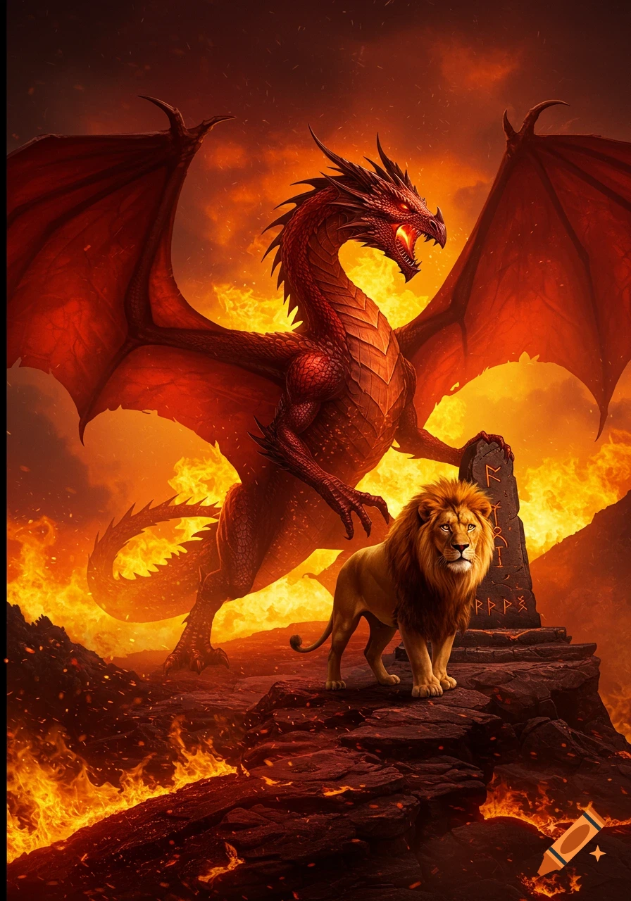A fierce red dragon and a golden lion stand on fiery, volcanic ground beside a runic stone.