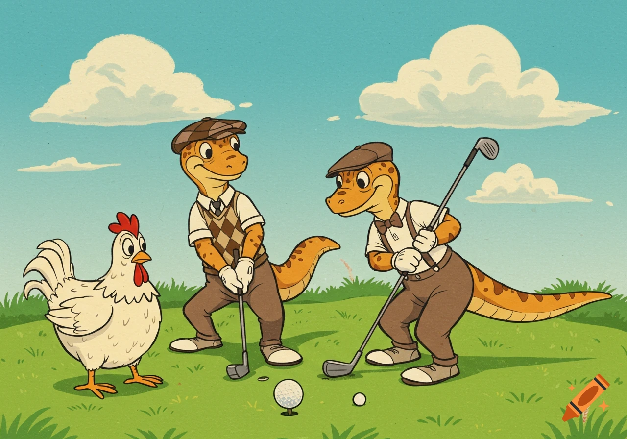 Vintage cartoon of two lizards playing golf with a chicken on a sunny green course.