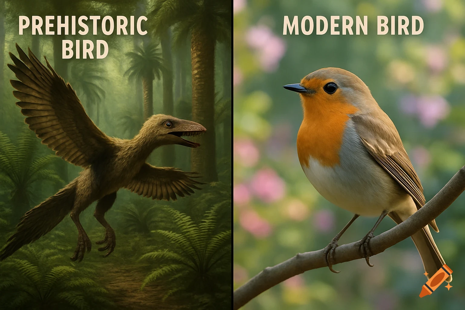 Side-by-side comparison of a brown prehistoric bird in a Jurassic forest and a photorealistic robin on a branch in a modern setting.