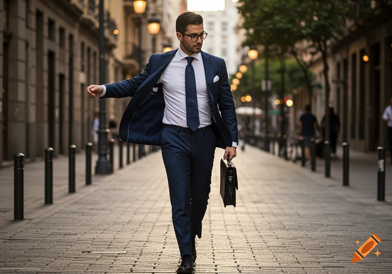 A stylish man in a navy blue suit walks down a cobblestone street, holding a briefcase.