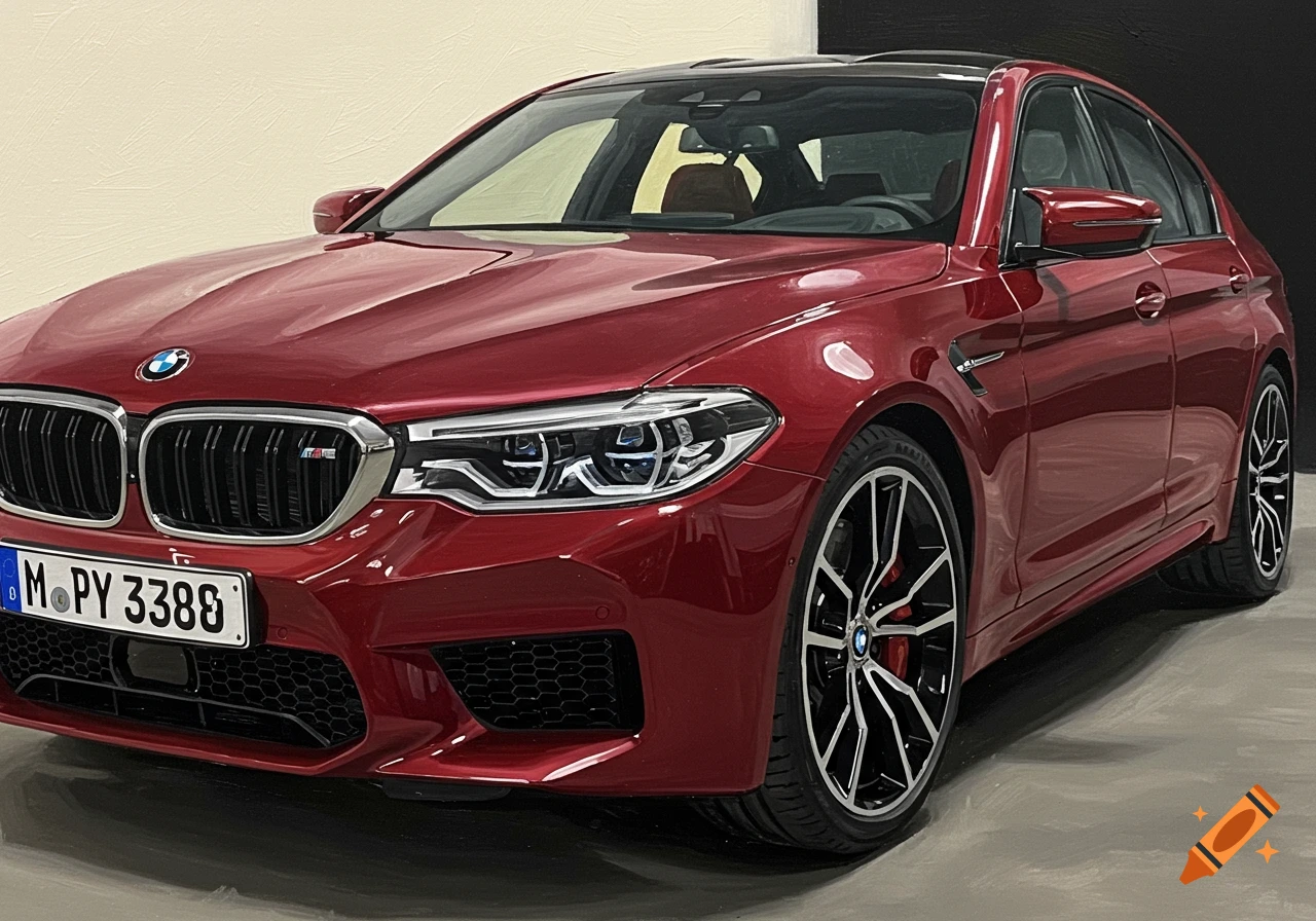 A detailed acrylic painting of a red BMW M5 luxury sedan, viewed from the front quarter angle.