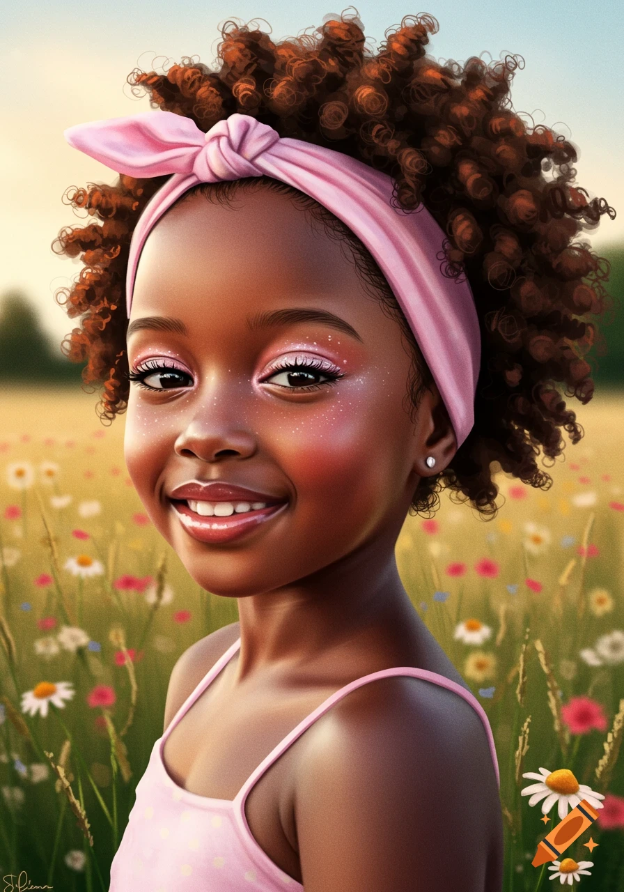Close-up portrait of a young Black girl with curly hair, pink headband, and glitter makeup, smiling in a wildflower field.