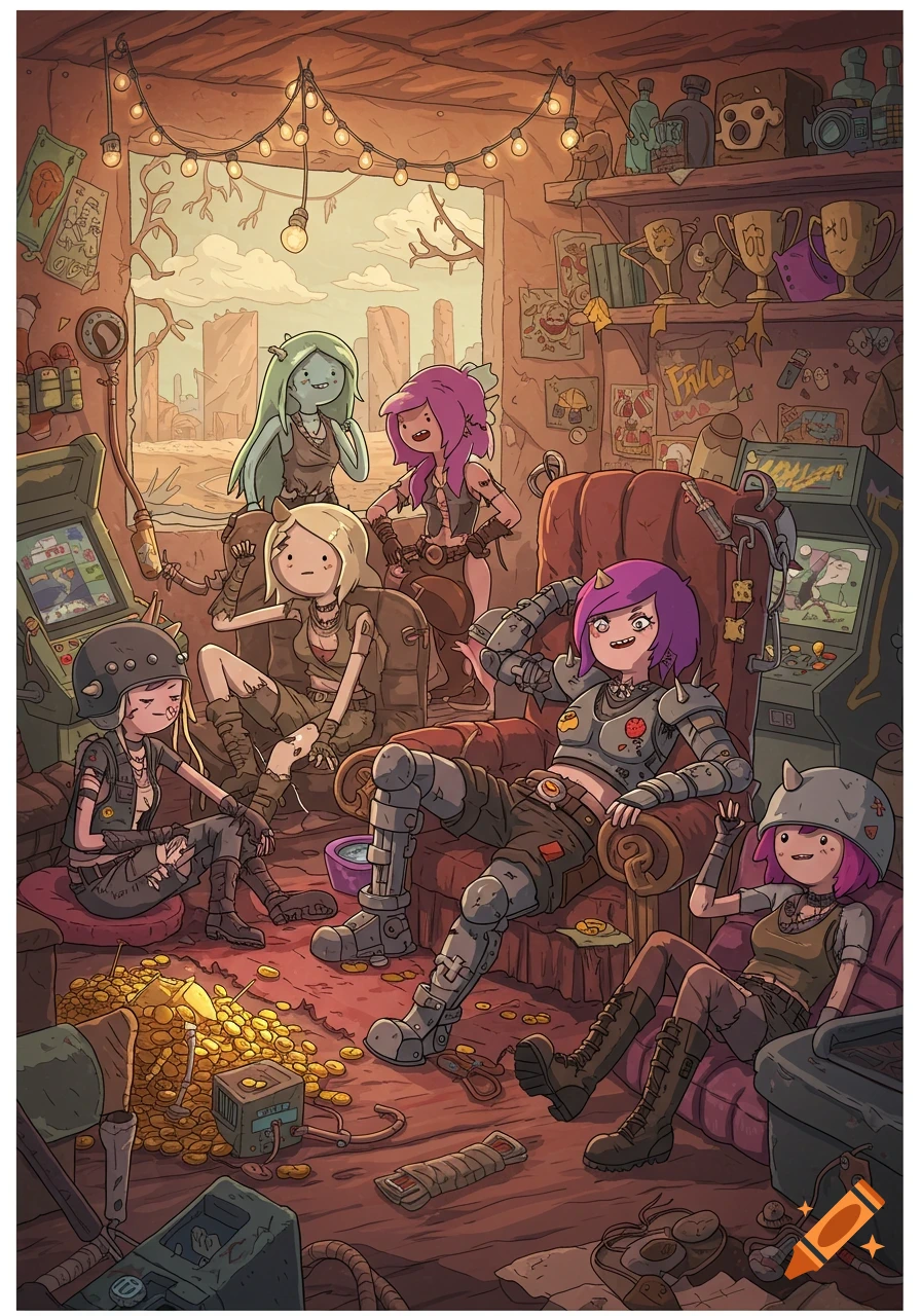 An Adventure Time style illustration of multiple female raider characters in a post-apocalyptic base filled with looted items, including arcade machines and piles of gold.