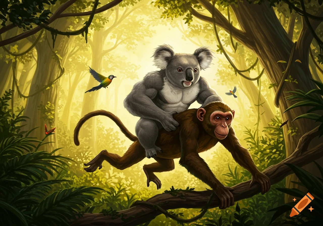 A buff koala with muscular arms rides on the back of a brown monkey through a vibrant, sunlit jungle, with birds flying nearby.