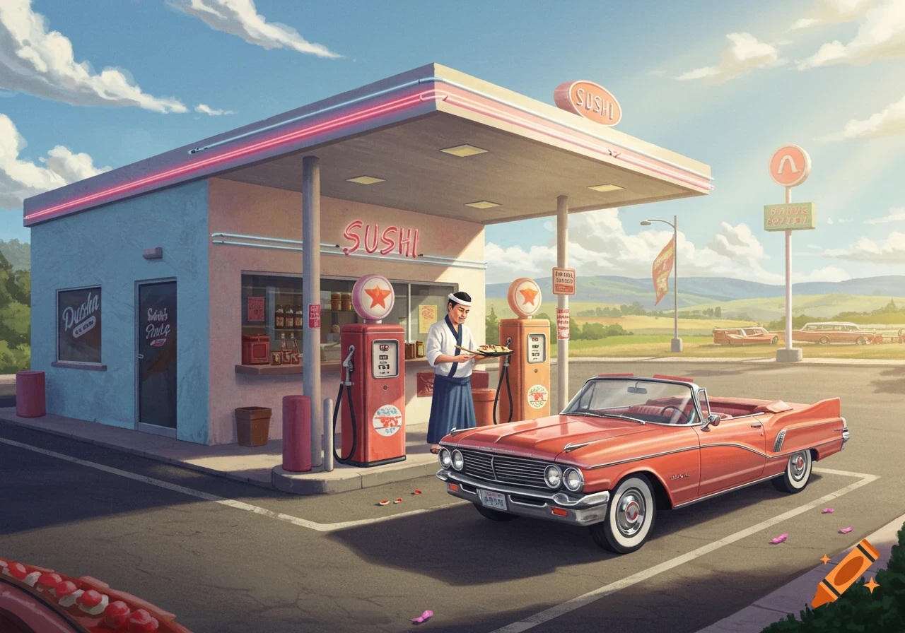 A colorful illustration of a retro 1960s gas station selling sushi, with a chef holding a sushi tray next to a red convertible car, under a blue sky.