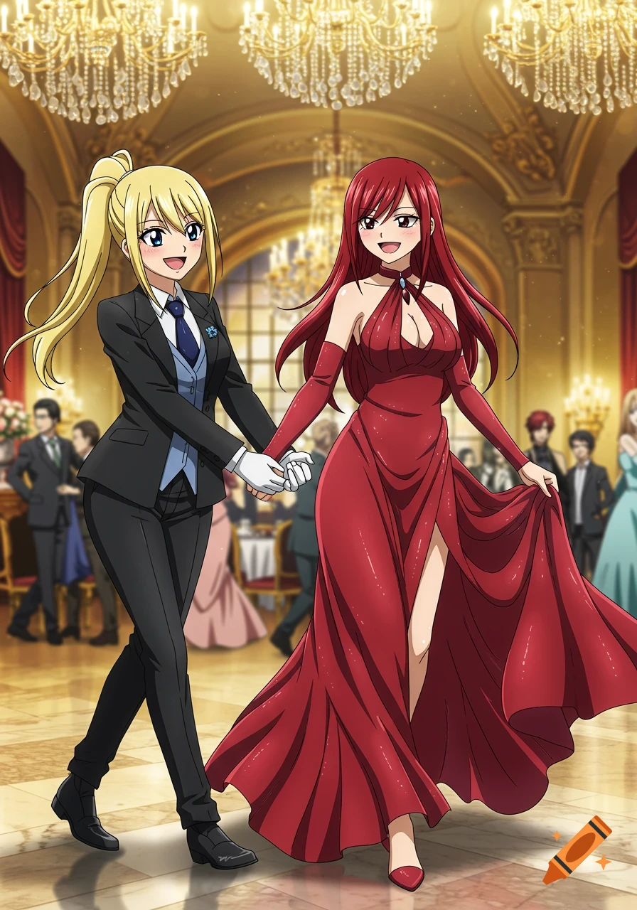 Two anime women, Lucy Heartfilia in a black suit and Erza Scarlet in a red gown, walk hand-in-hand in a grand ballroom.