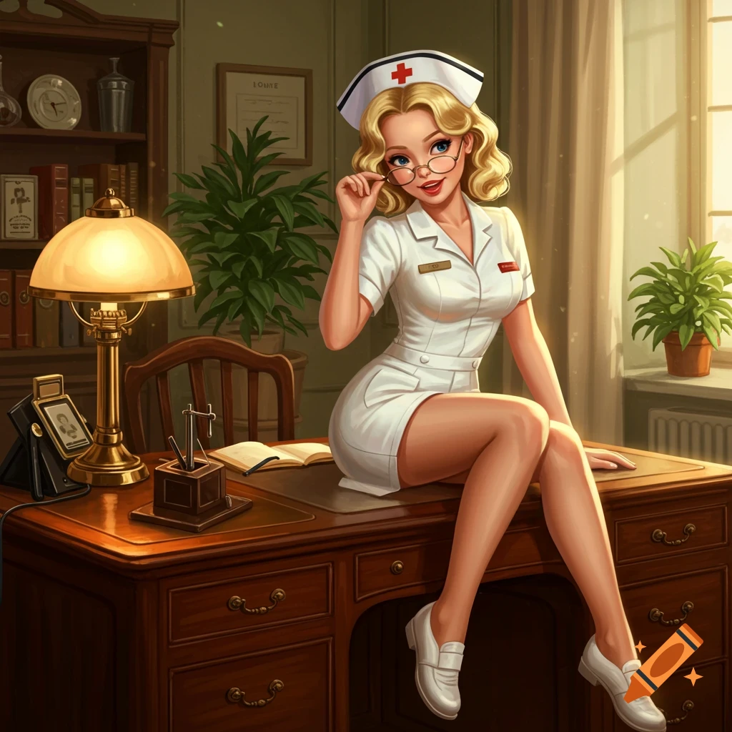 A blonde pin-up nurse wearing glasses and a white uniform sits on a wooden desk in a vintage office with a lamp.