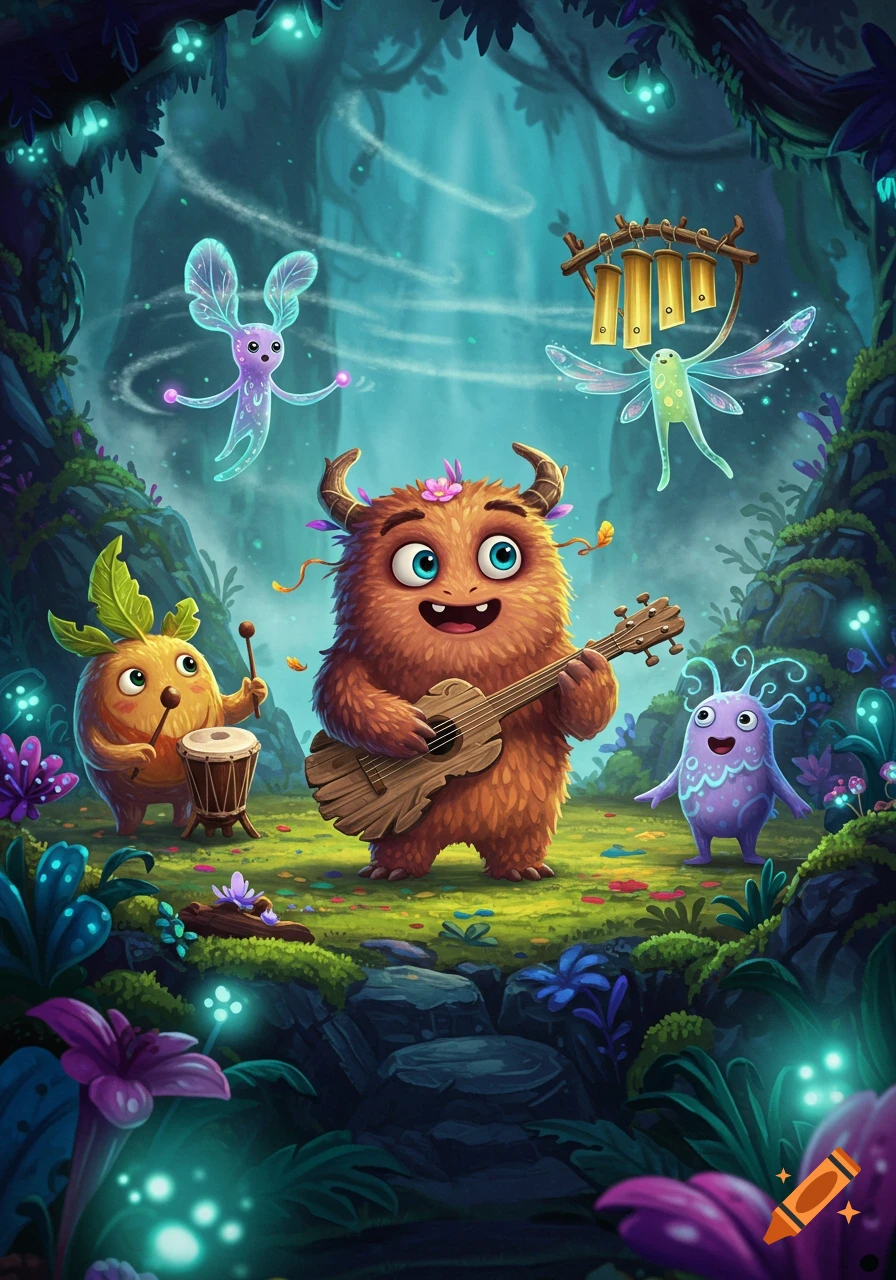 A cute, furry monster plays a ukulele while other monster friends play drums and wind chimes in a vibrant, enchanted forest.