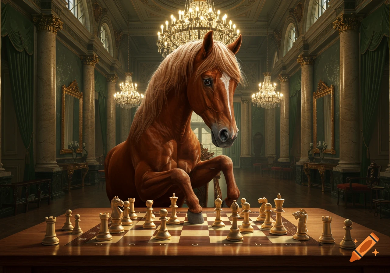 A photorealistic image of a horse playing chess on a large wooden board in a grand, ornate room with chandeliers.
