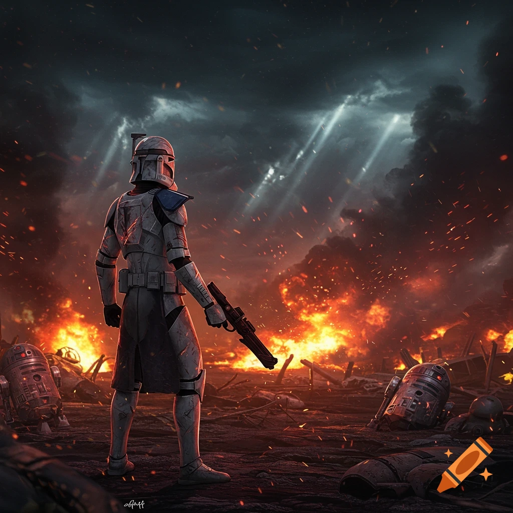 A Star Wars Clone Trooper stands amidst a fiery, war-torn battlefield under a stormy sky, looking out at the destruction.