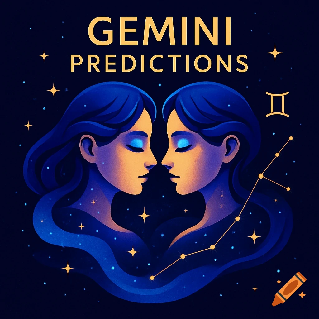 Stylized illustration of two women's faces representing Gemini, with stars and constellations. Text reads 'GEMINI PREDICTIONS'.
