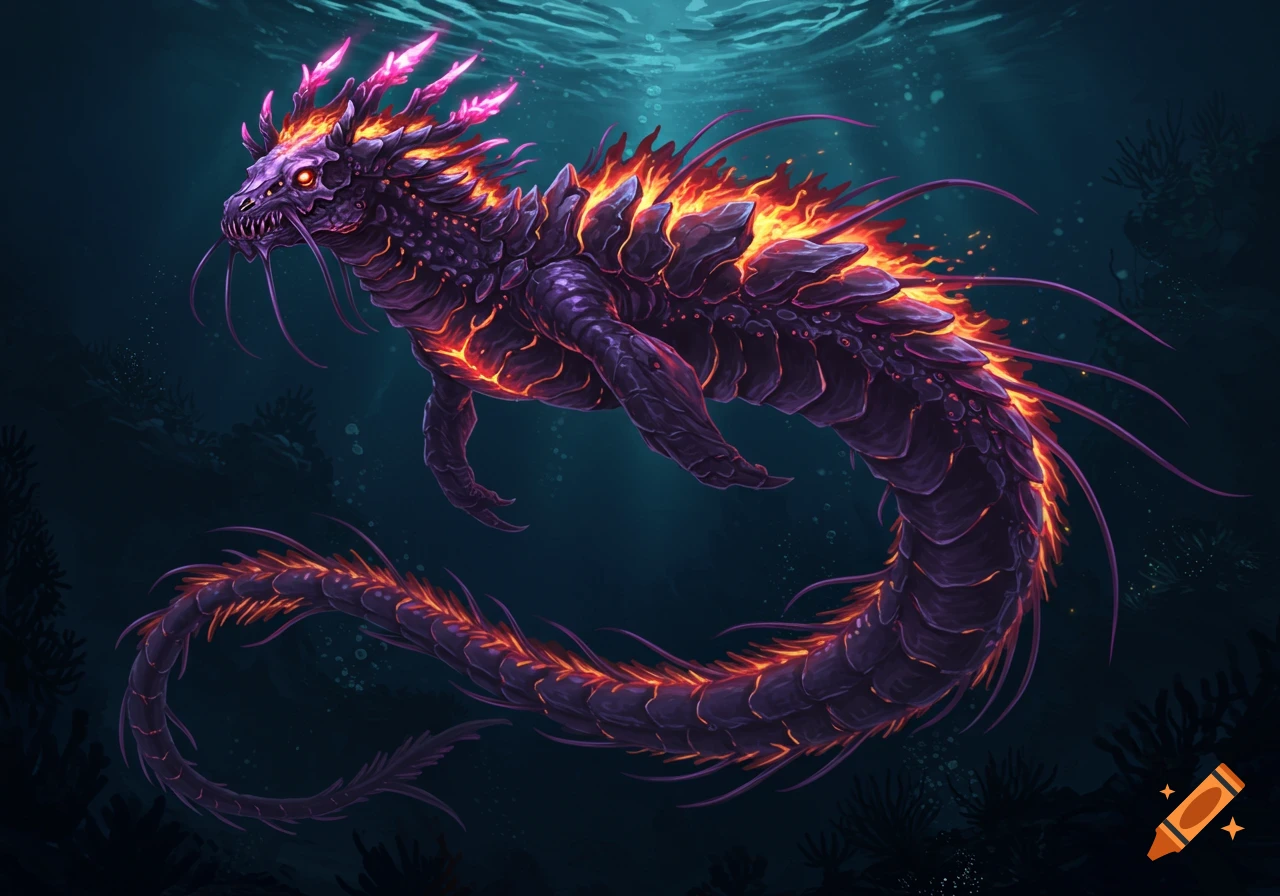 A dark purple-black leviathan with glowing orange and pink lava-like patterns on its body, swimming in dark blue water.