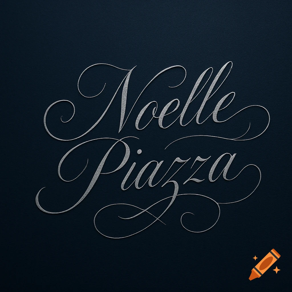 Silver, textured script font spelling 'Noelle Piazza' on a dark blue background.