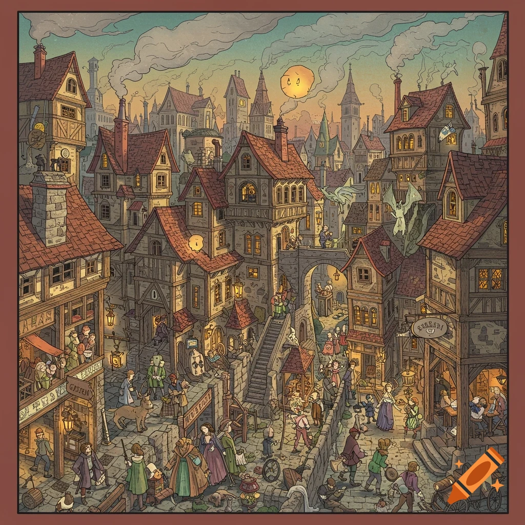 A whimsical, detailed illustration of a chaotic, bustling medieval city with crooked buildings, smoke rising, and small dragons flying over the rooftops. People fill the narrow streets and bridges under a stylized sun.