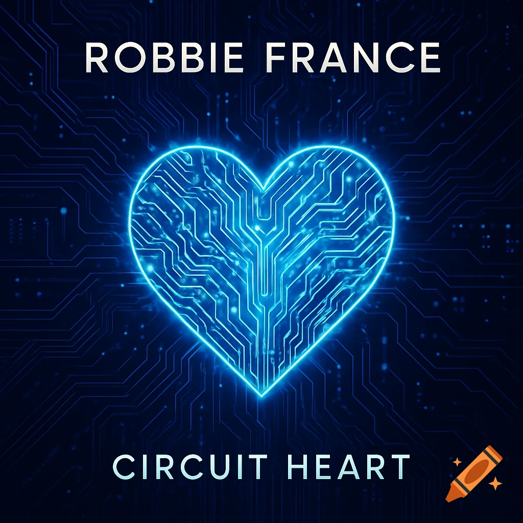A glowing blue circuit board heart on a dark background with circuitry patterns, featuring the text 'ROBBIE FRANCE' and 'CIRCUIT HEART'.