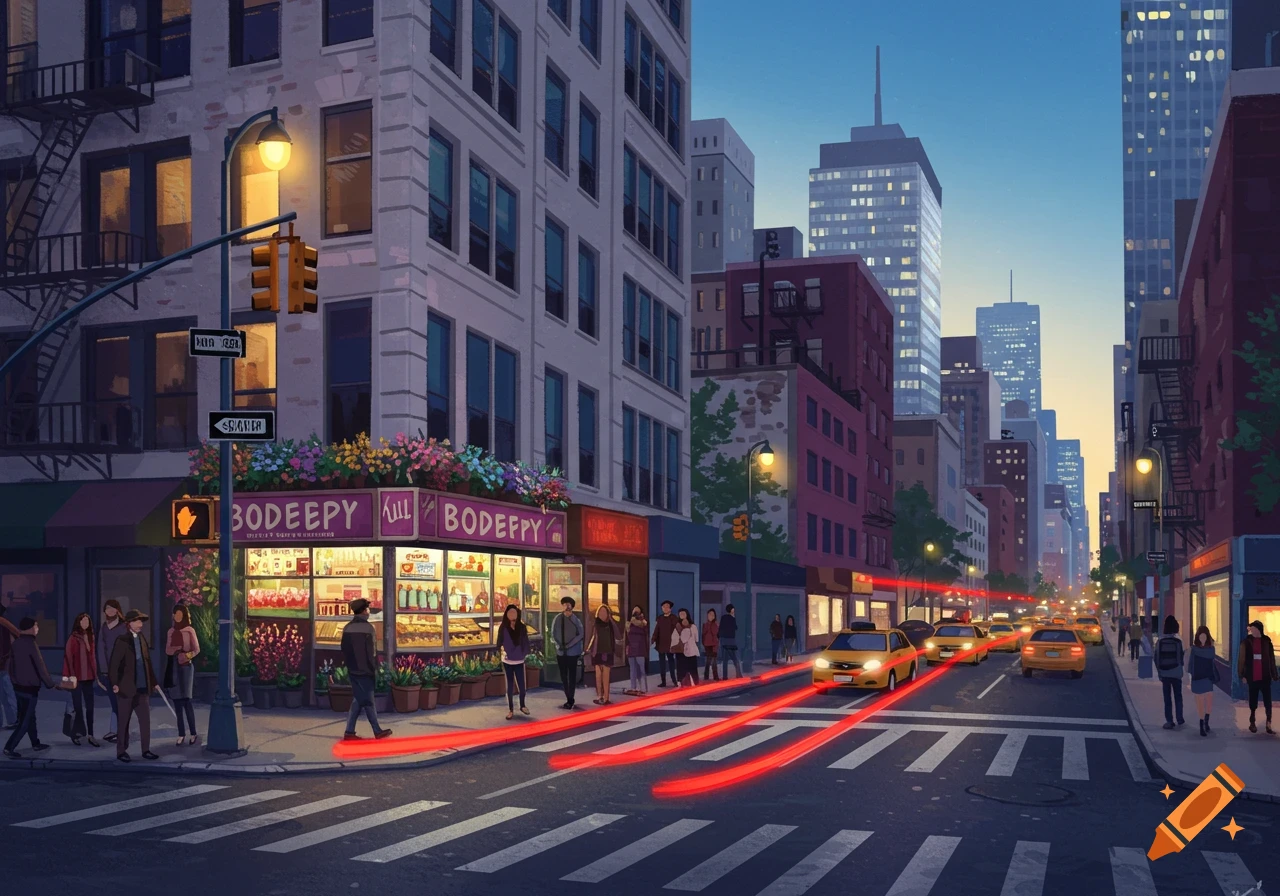 An illustrated street scene at dusk with people walking, yellow taxis, and red light trails on the road in a city.