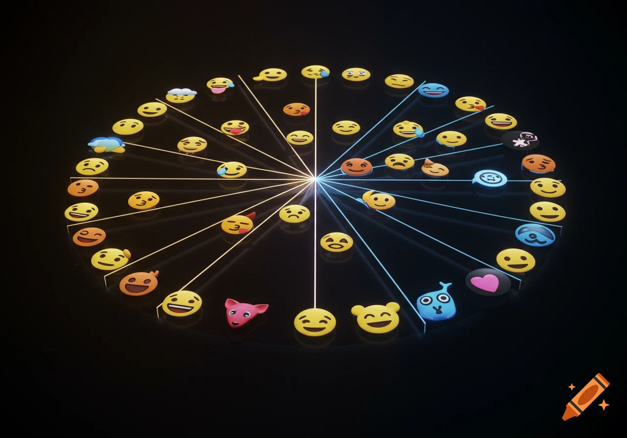 A radial chart of various 3D emojis with light beams connecting them to a bright center on a dark background.