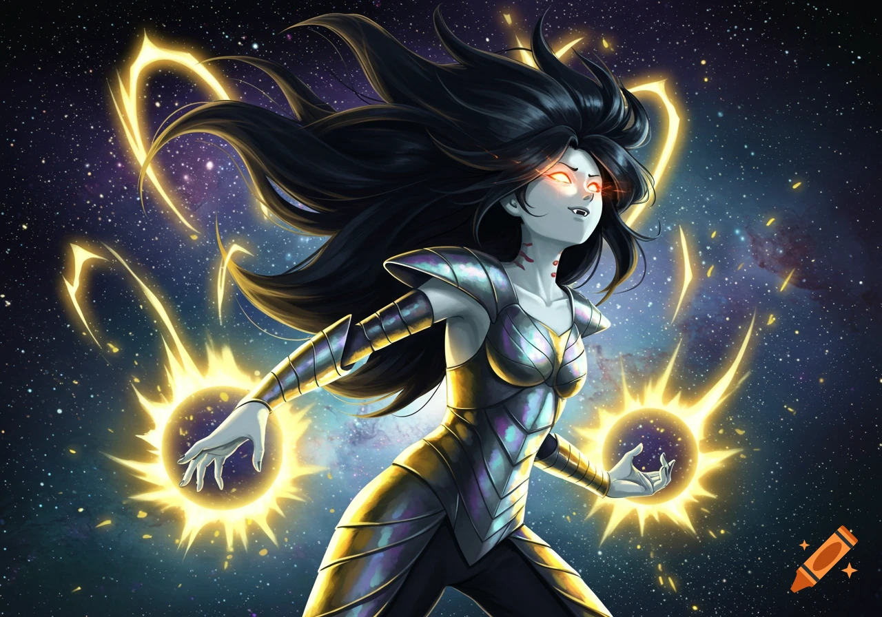 A stylized illustration of a vampire-like woman with long black hair, glowing red eyes, and fangs, wearing metallic armor, summoning golden energy orbs against a starry cosmic background.