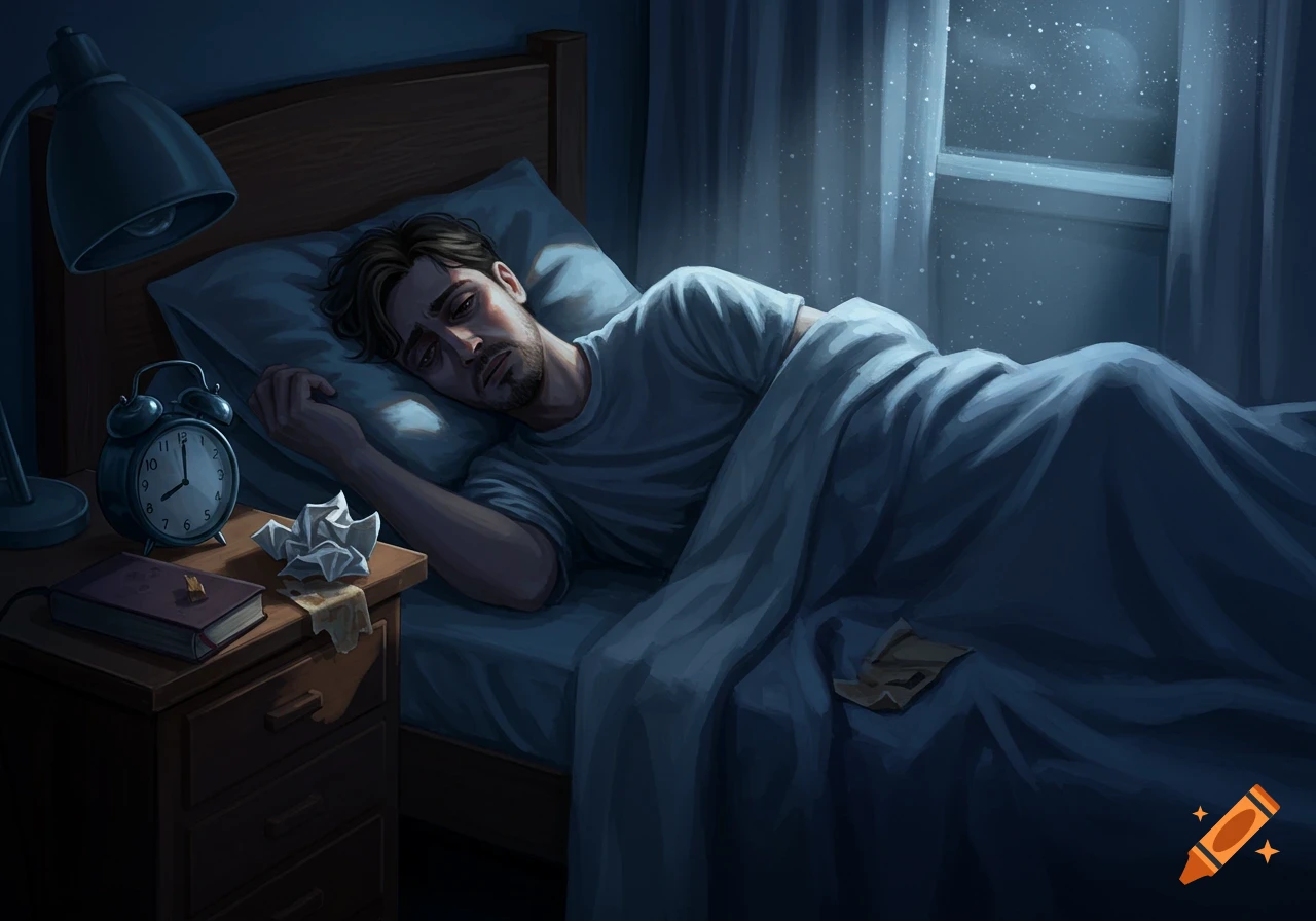 An illustrated man lies awake in bed in a dark room at night, looking distressed, next to an alarm clock and crumpled papers on a nightstand.