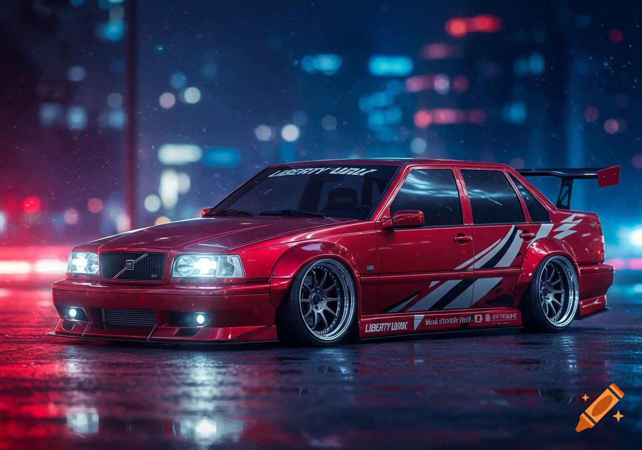 A custom red sedan, possibly a modified Volvo, with wide fenders and a large rear spoiler, parked on a wet street at night with neon city lights in the background.
