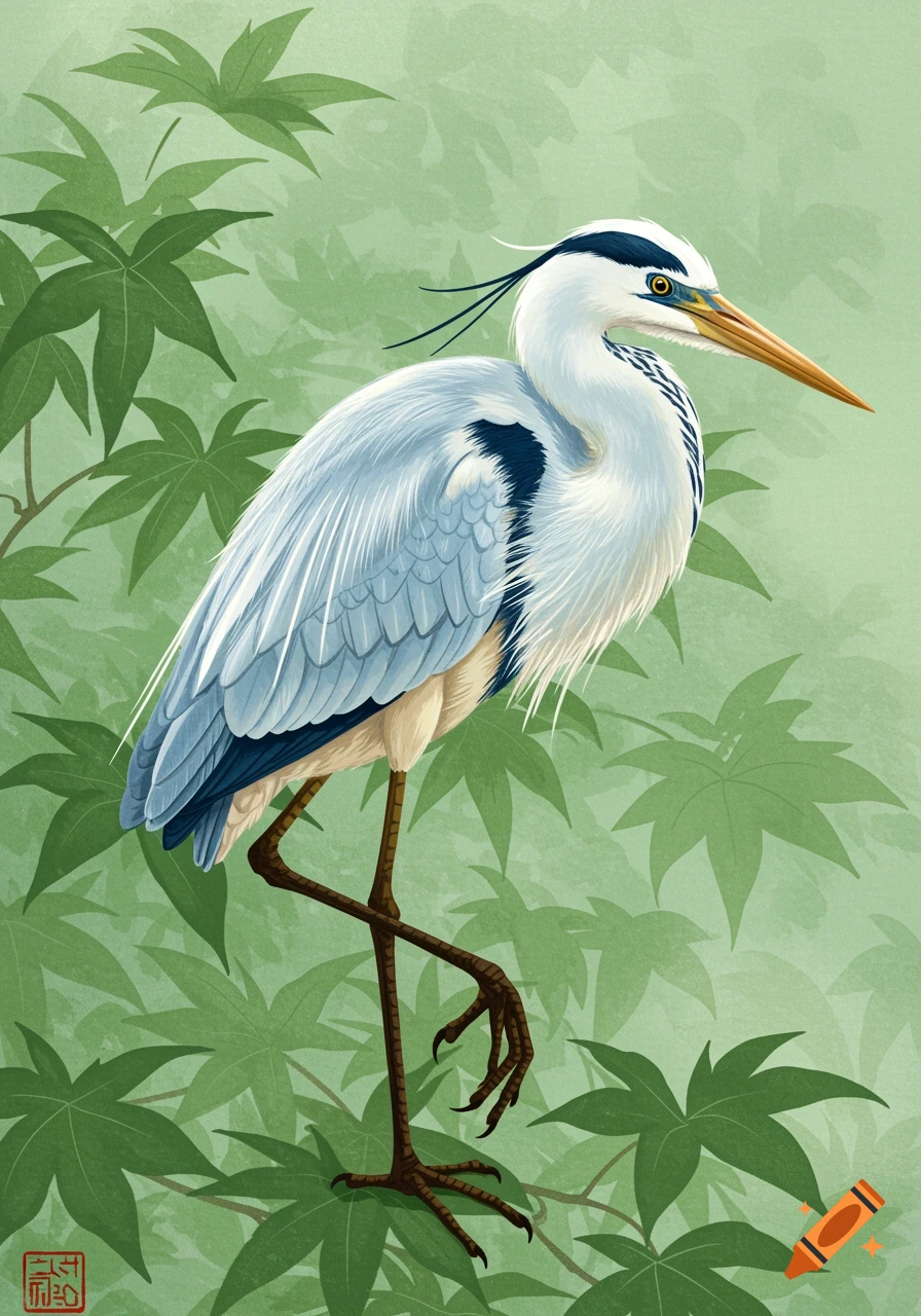 A ukiyo-e style painting of a heron standing on one leg with green leaves in the background.