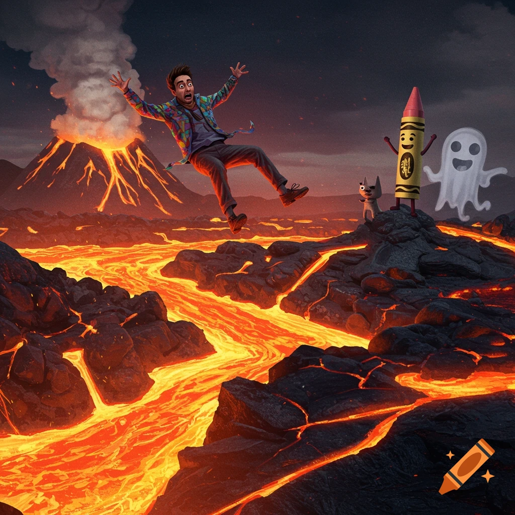 A man in a colorful shirt floats over a river of lava as a volcano erupts, observed by a cartoon crayon, ghost, and dog.