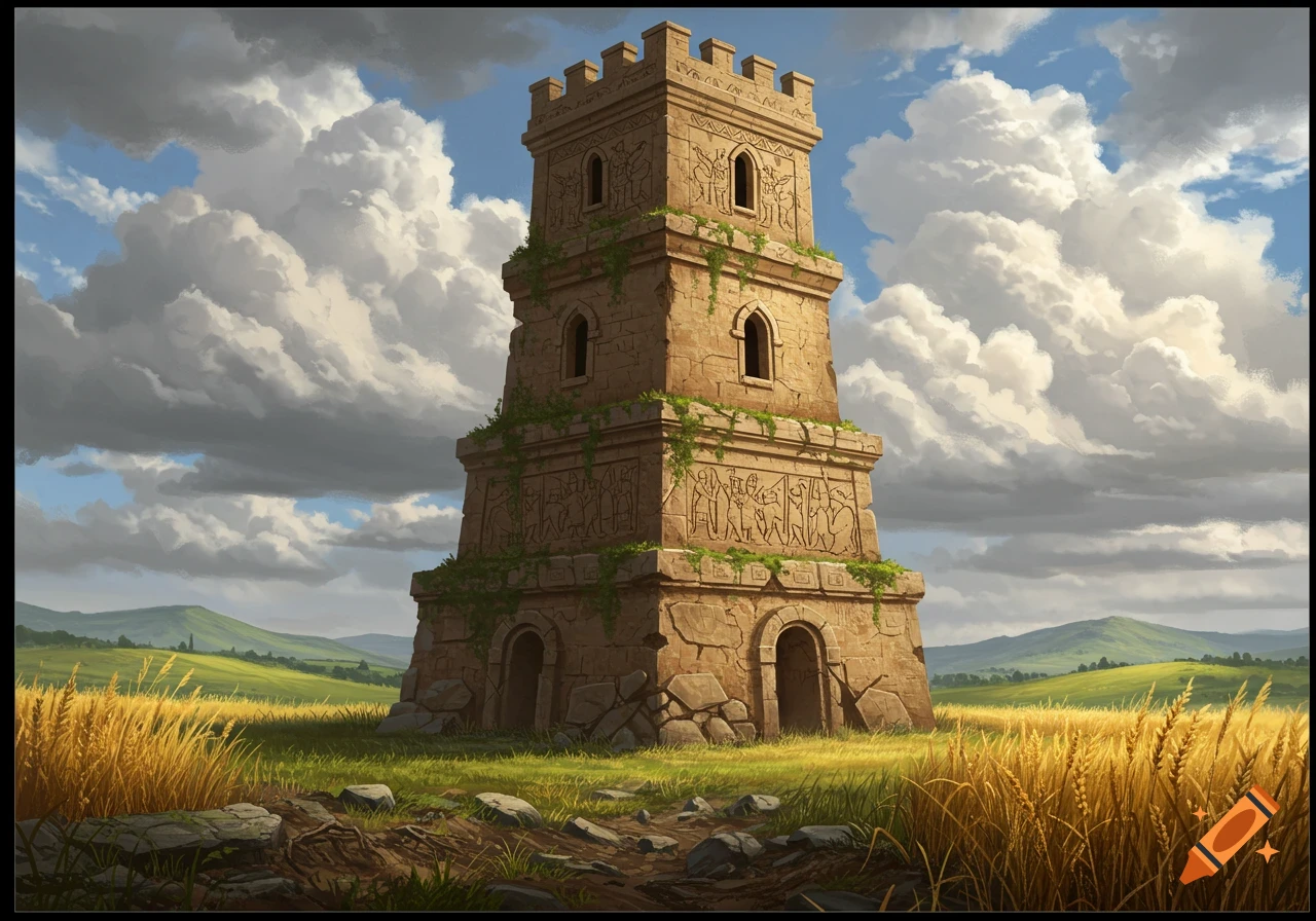 A tall, ancient-looking ziggurat-style watchtower made of stone stands in a field of golden wheat under a cloudy sky.