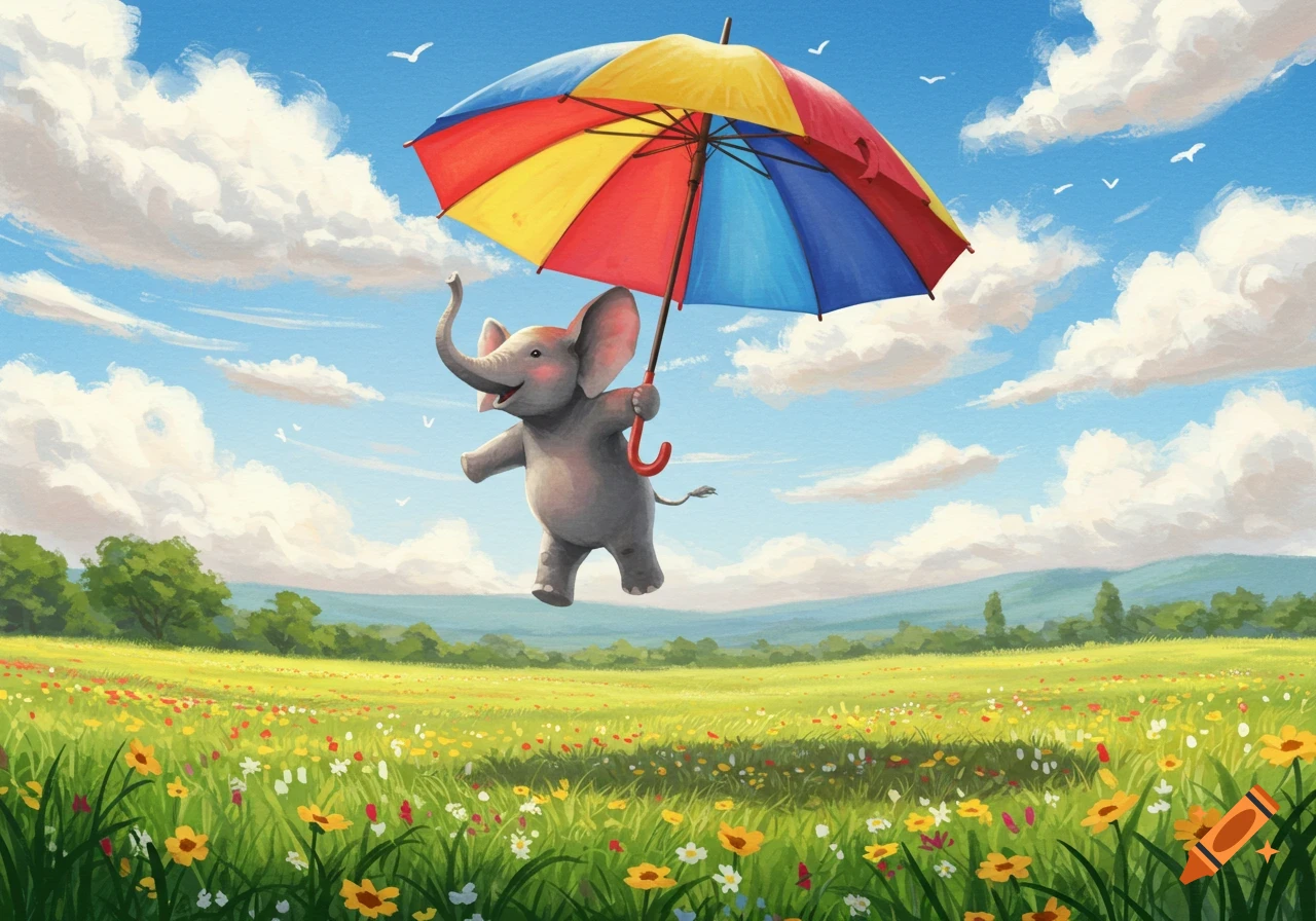 Whimsical illustration of a gray elephant holding a colorful umbrella and floating over a field of wildflowers under a blue sky.