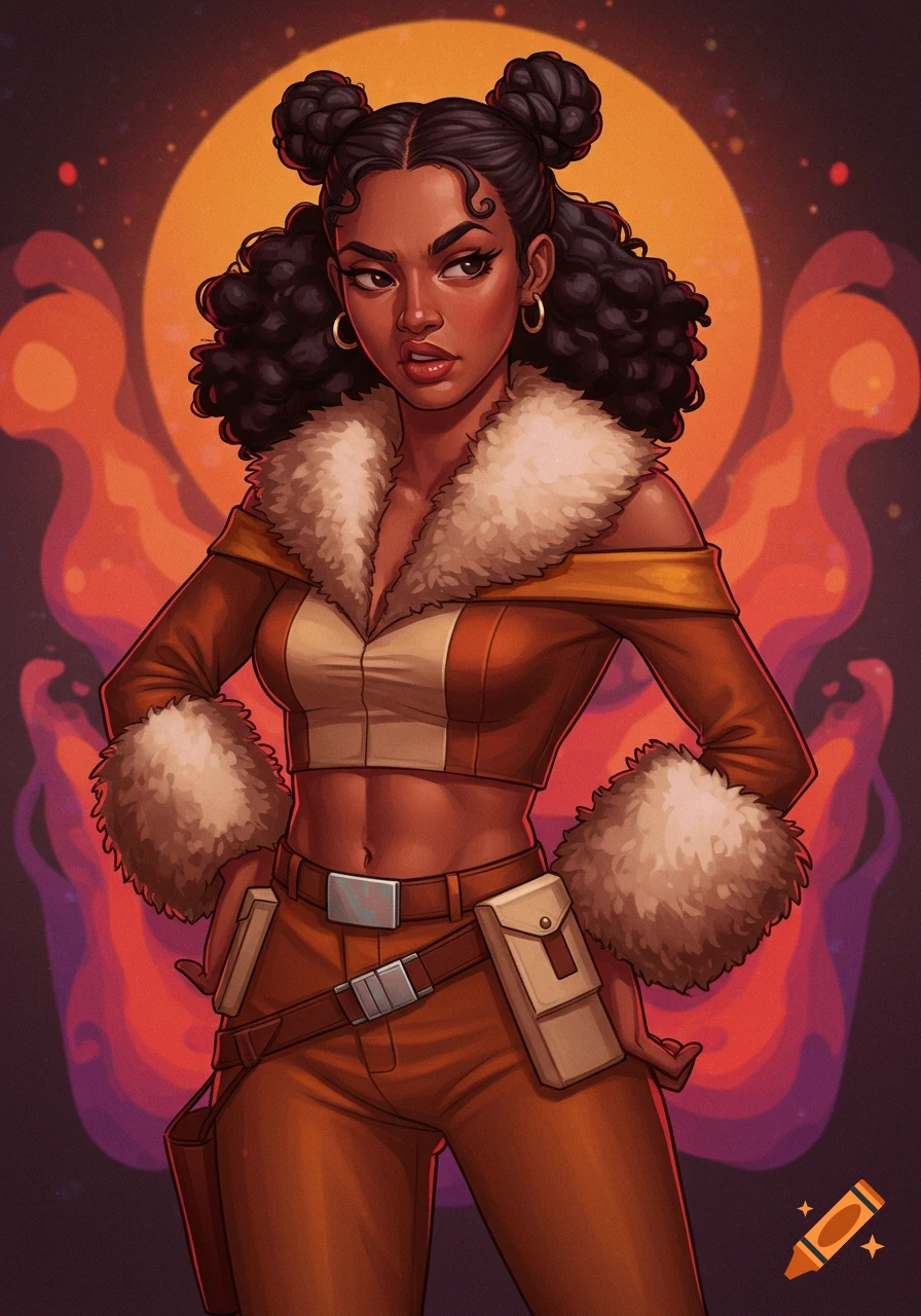 An illustrated Afrolatina woman in a retro-futuristic brown and tan outfit with fur trim and a utility belt, standing in front of an abstract orange background.