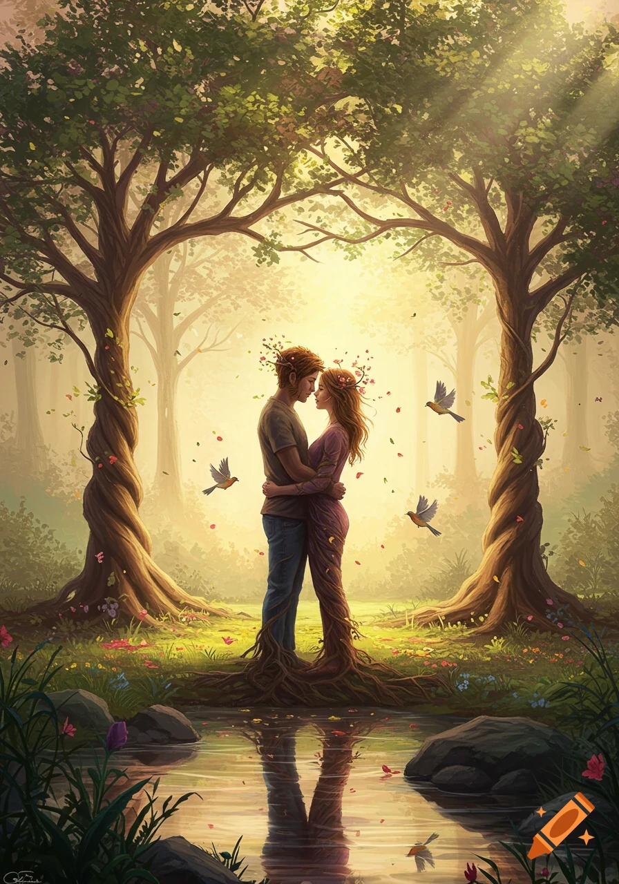 Two figures with bodies merging into tree roots embrace in a sunlit forest, surrounded by floating petals and birds, reflected in water below.