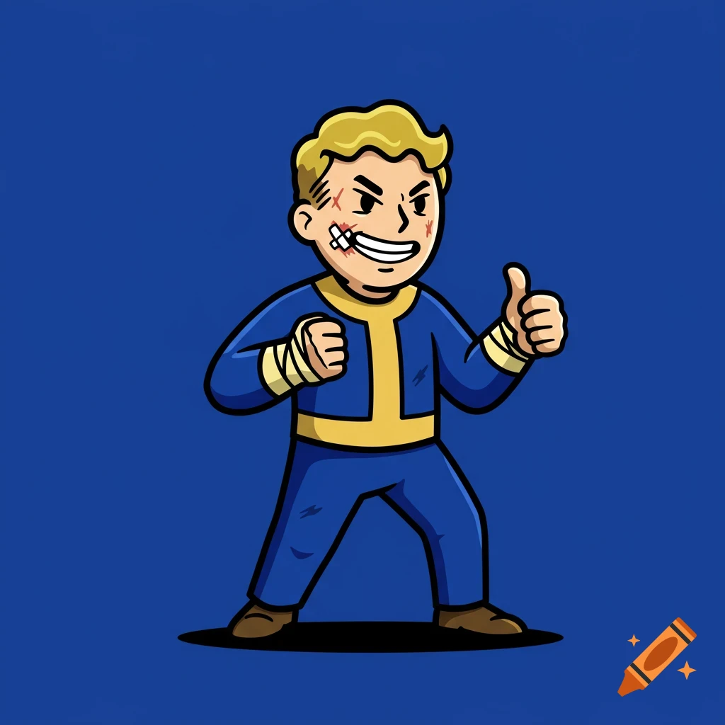 Cartoon Vault Boy with facial cuts and bandaged hands gives a thumbs-up and raises a fist on a blue background.