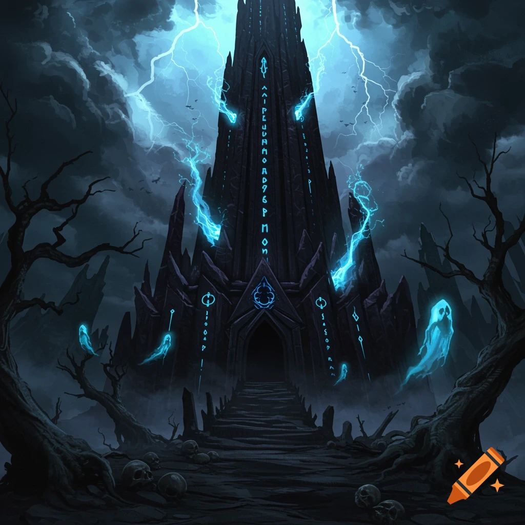 A dark, spiky tower with glowing blue runes and lightning, set against a stormy sky with bare trees and skulls.