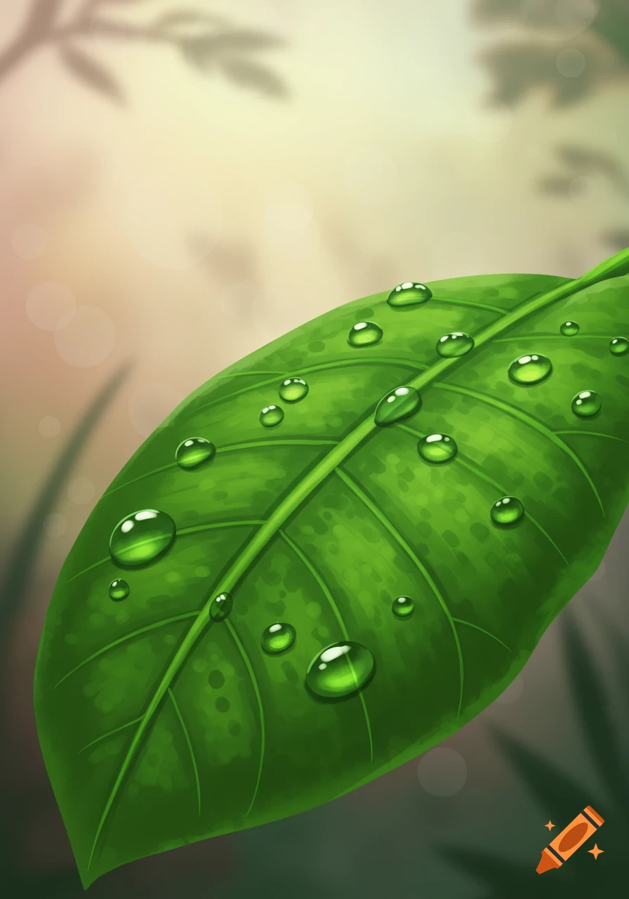 A large green cartoon leaf is covered in numerous clear, glistening raindrops, with a blurred, warm background.