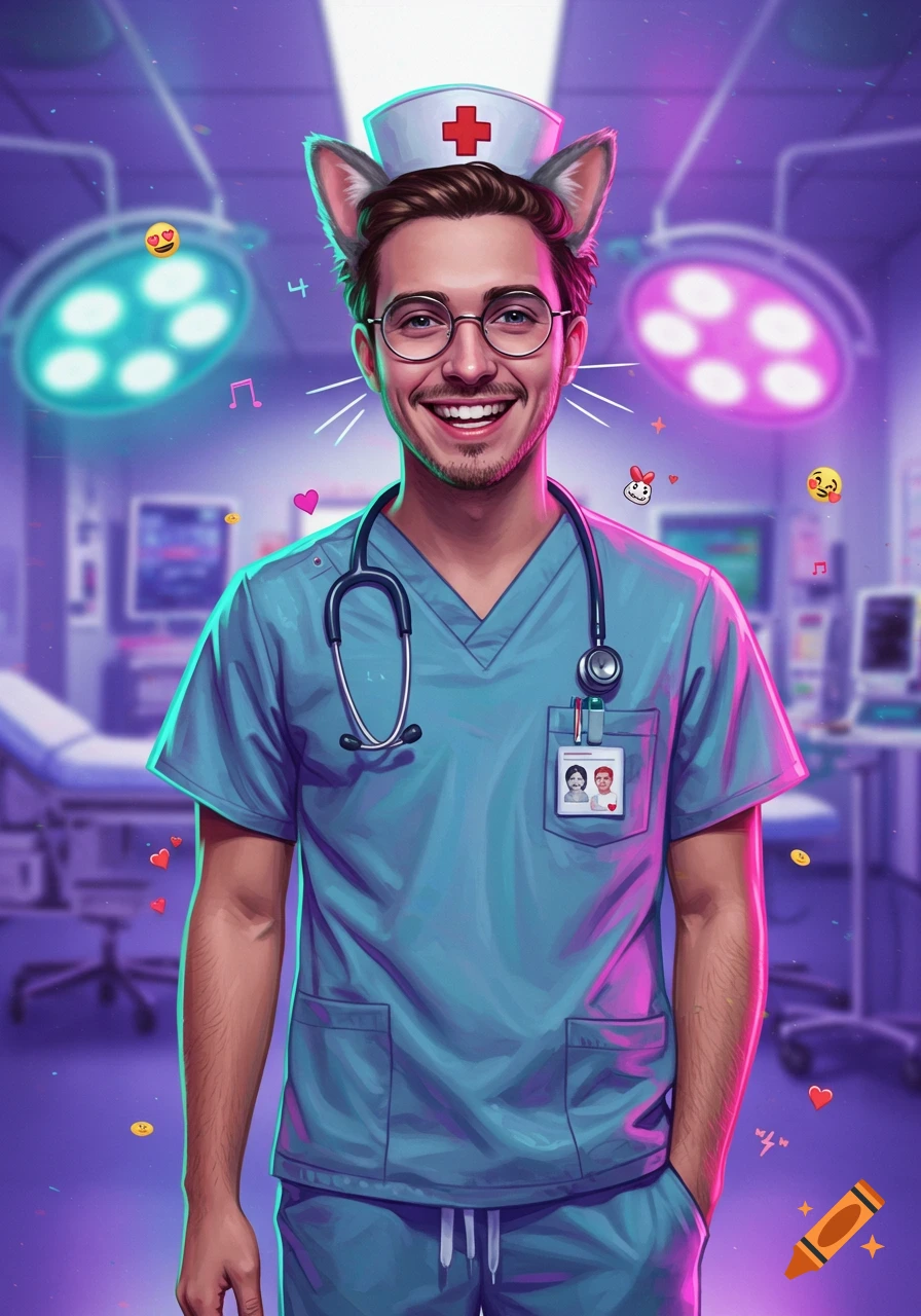 A smiling man with cat ears and glasses, wearing a blue nurse's scrub and stethoscope, in a neon-lit hospital room with floating emojis.