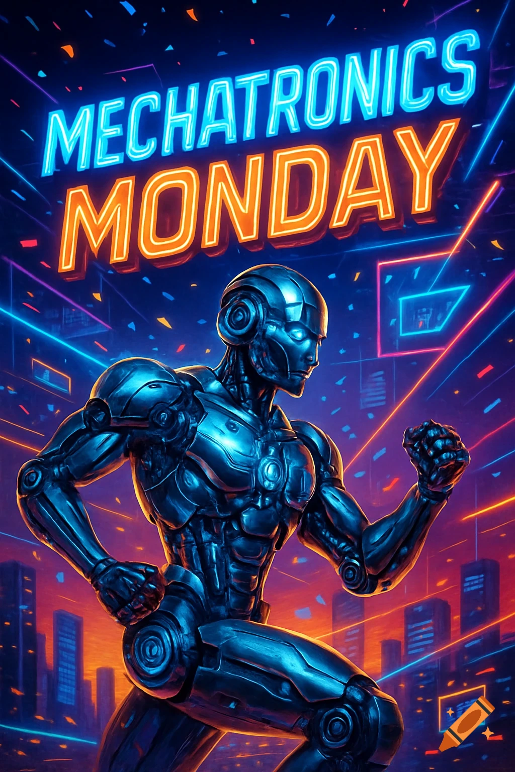 A metallic blue robot runs through a vibrant, neon-lit futuristic city under a sign that reads "MECHATRONICS MONDAY".