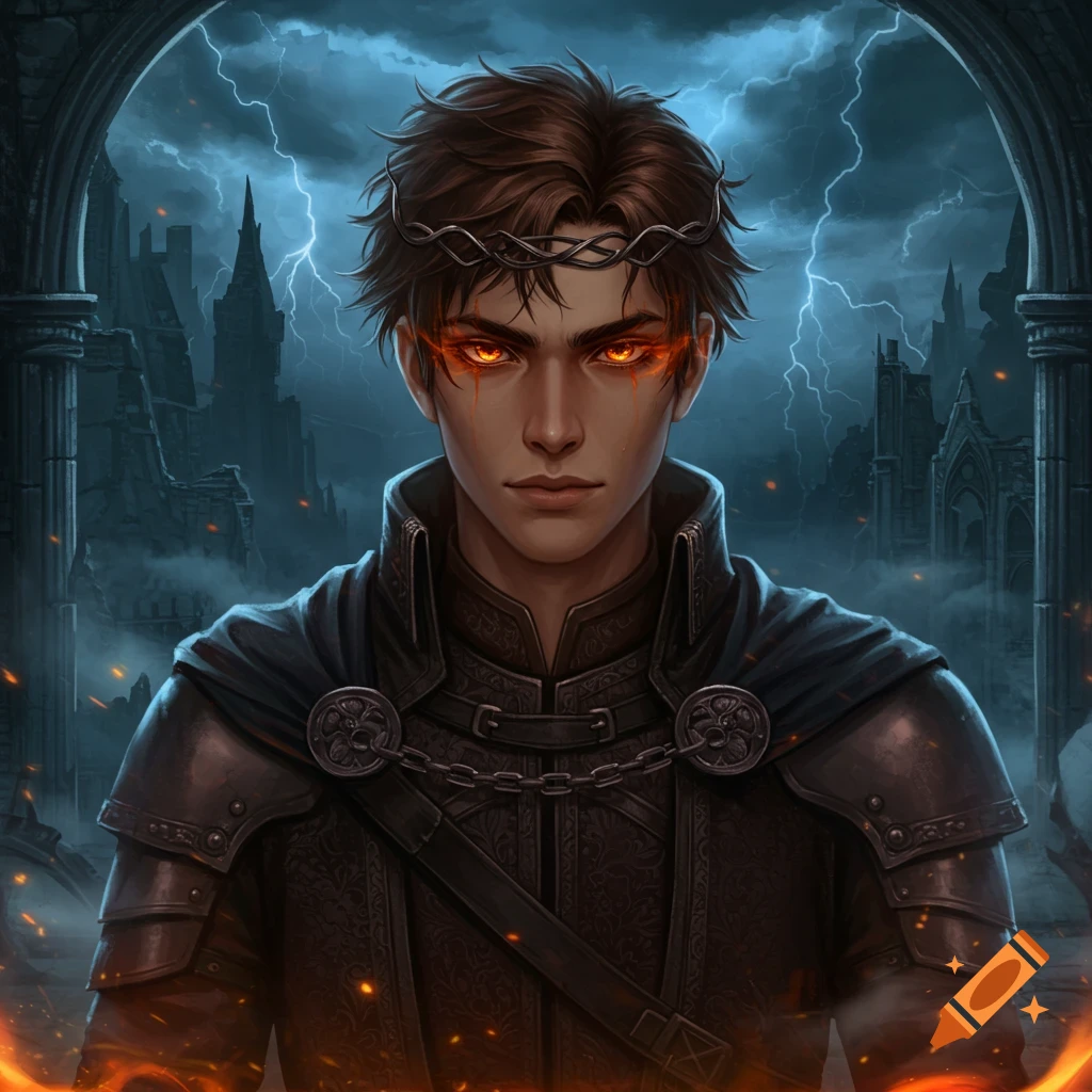 Fantasy portrait of a young man with glowing orange eyes and a thorny crown, wearing dark armor against a stormy castle backdrop.