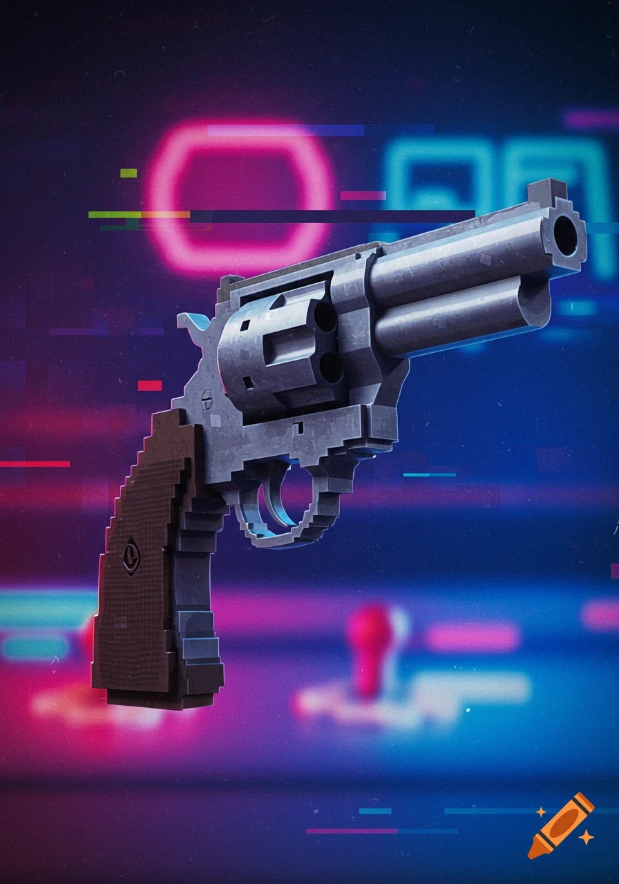 A stylized pixelated revolver floats against a vibrant neon background with glitch-like effects.