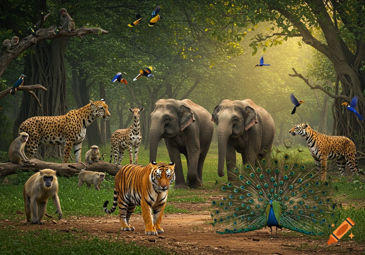A diverse group of Indian wildlife, including elephants, tigers, a leopard, monkeys, a peacock, and a giraffe, gather in a lush sunlit jungle.