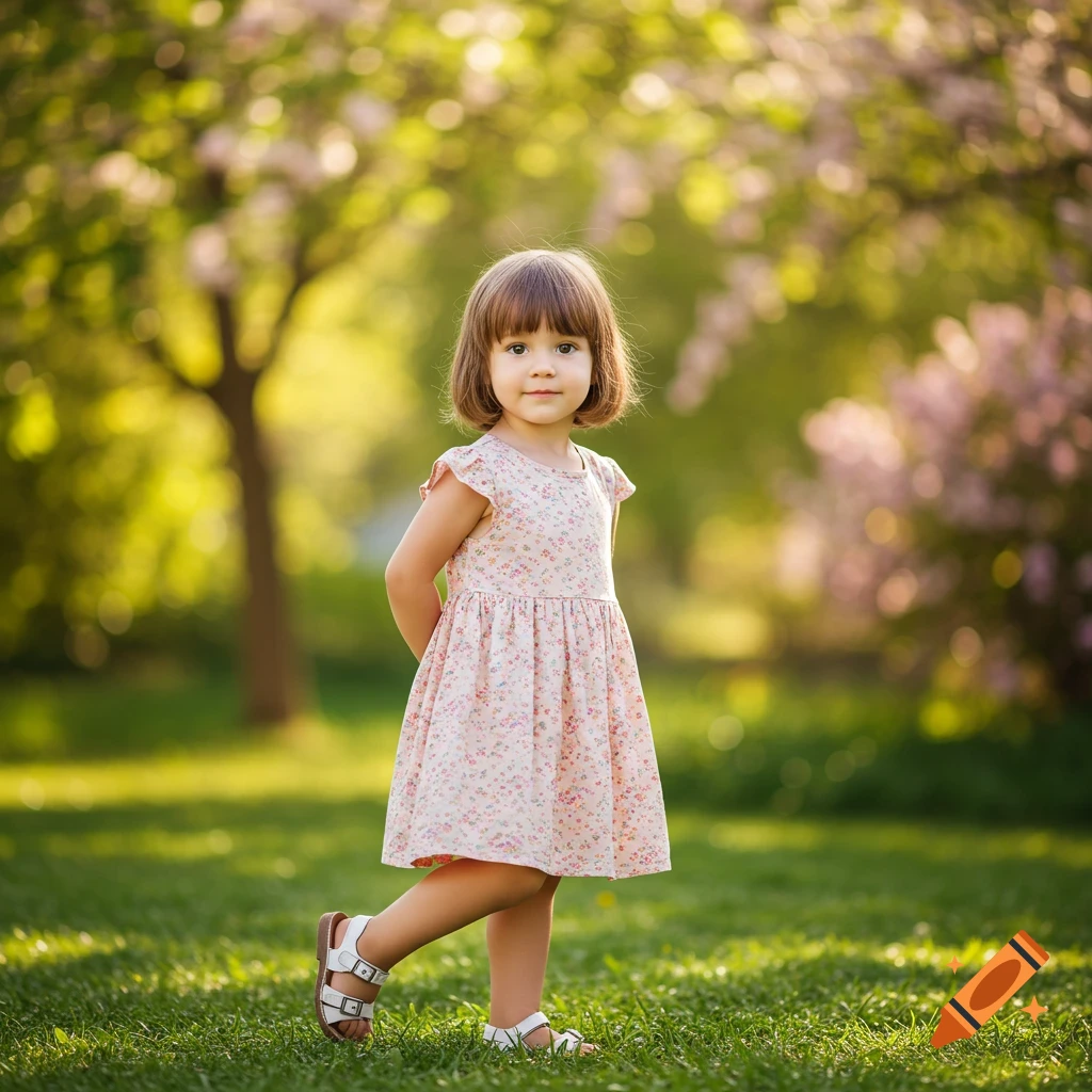 A cute young girl in a pink floral dress and white sandals stands in a sunlit grassy park.