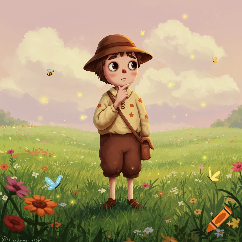 A child in a hat and satchel stands in a vibrant meadow with wildflowers, looking thoughtfully at the sky in a Studio Ghibli animation style.
