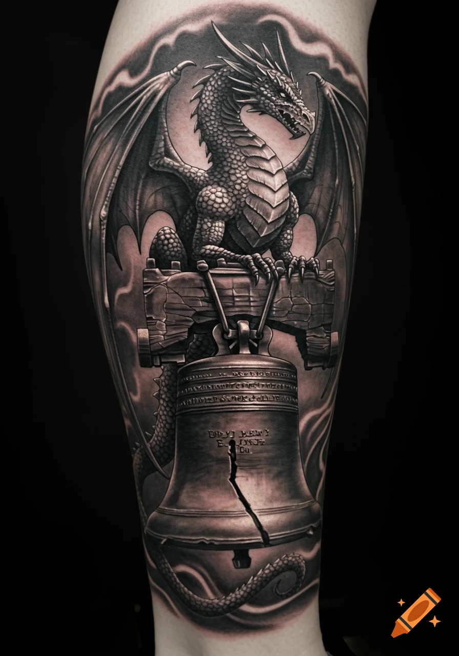 Black and grey tattoo of a detailed dragon with folded wings perched on the cracked Liberty Bell, on a lower leg.