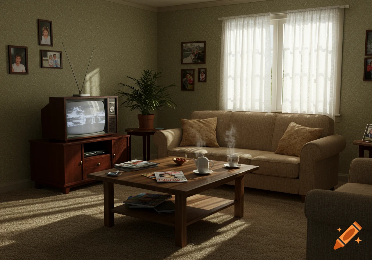 A realistic living room with a vintage television, a sofa, and a coffee table with magazines and teacups, bathed in sunlight.